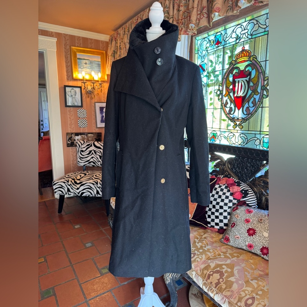 Sam Edelman Zip Bib Black Faux Fur Offset Collar Wool Blend Coat